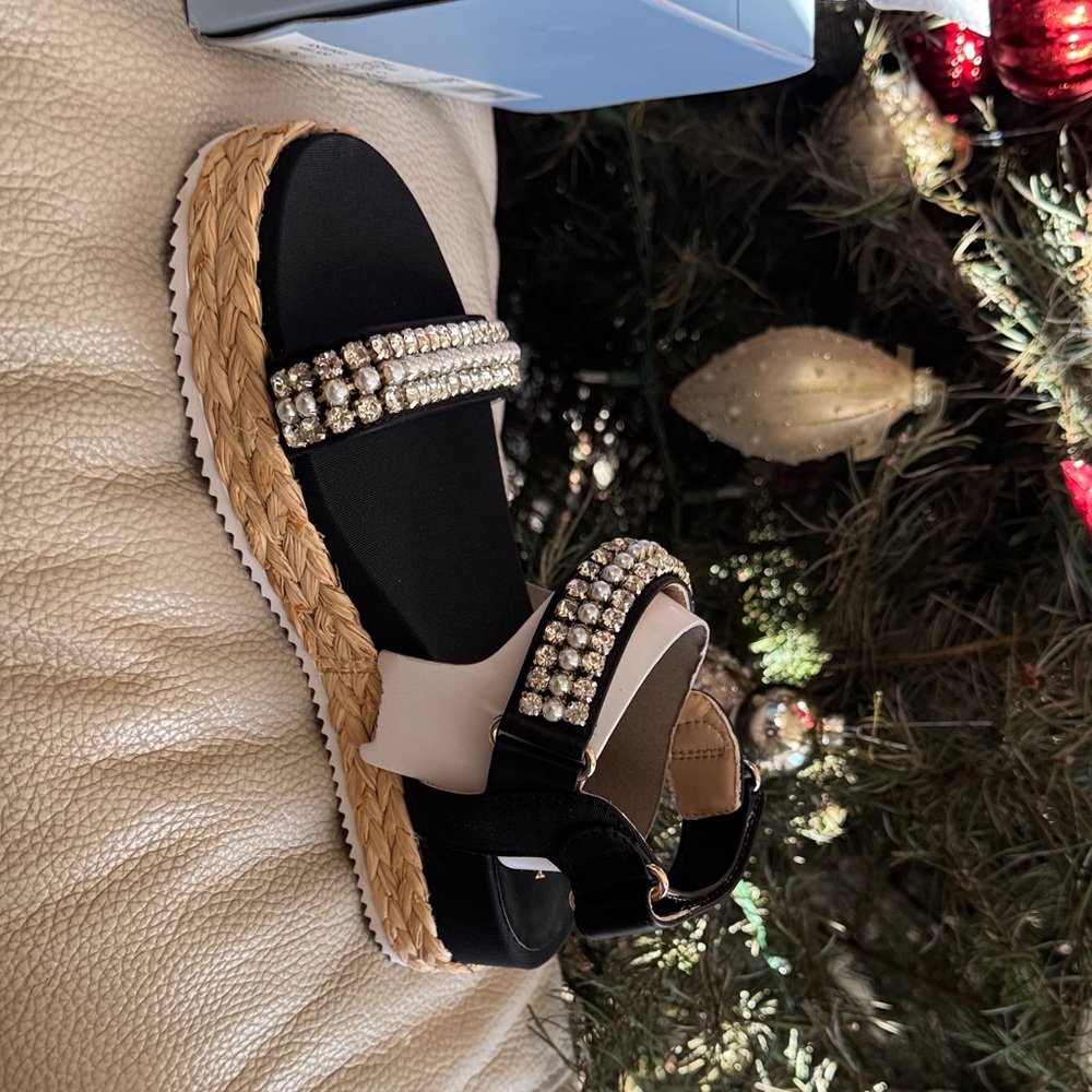 Brand New ANTONIO MELANI Black and Tan Sandals with Beads and Rhinestones